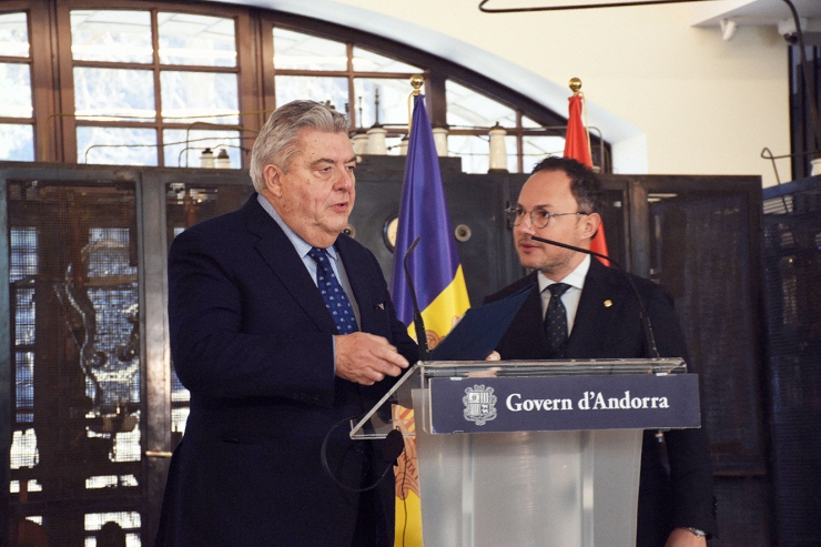 El cap de Govern en funcions i el ministre d'Estat de Mònaco, durant la roda de premsa d'aquest divendres al matí.